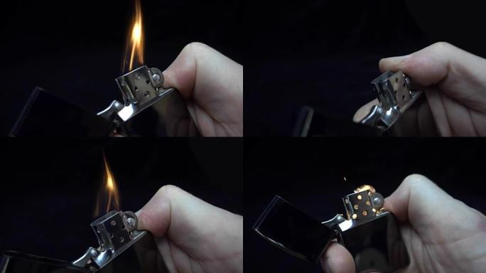 在黑色背景上点燃手中的zippo。慢动作，慢动作