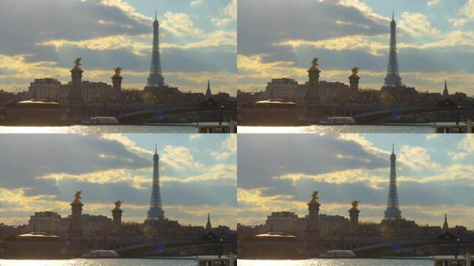塞纳河上美丽的巴黎大桥，上面有金色雕塑和路灯。巴黎的亚历山大桥。背景大皇宫。法国巴黎