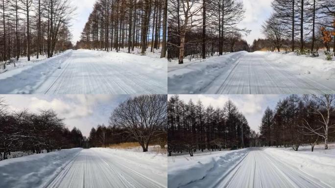 在雪山路上行驶行驶车窗外汽车第一视角