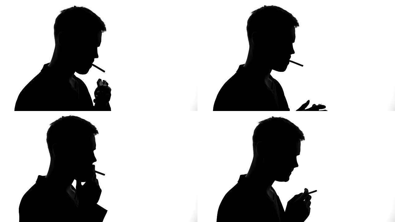 吸烟男性咳嗽和扔掉香烟，恶习成瘾，癌症