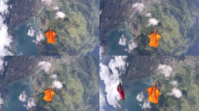 翼服飞行者在瑞士山脉和农田上空翱翔