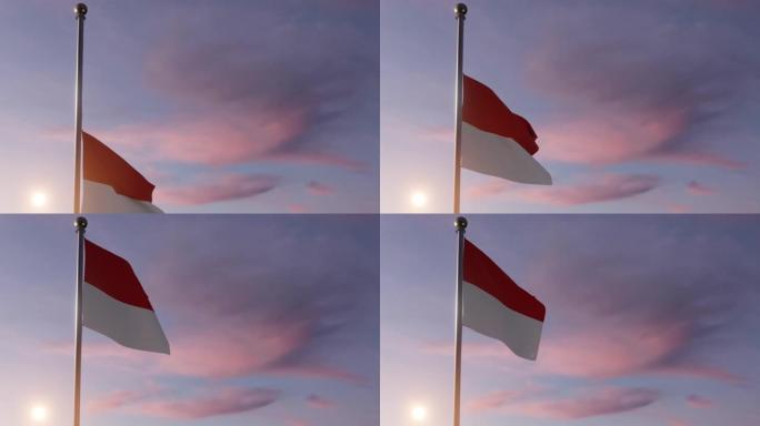 日出时升起的动画国旗-摩纳哥