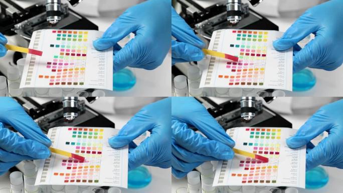 化学家在实验室特写4k电影慢动作中比较彩色石蕊试纸和彩色样品