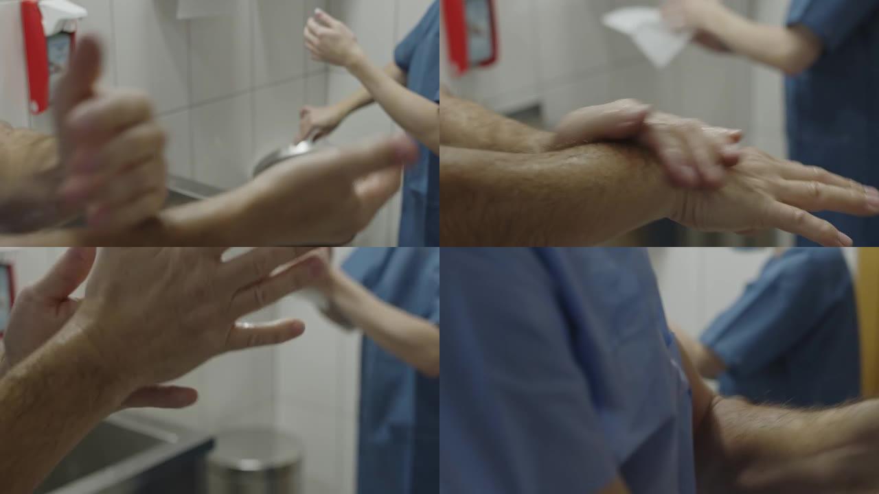 医生在手术前洗手。医院概念。