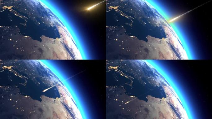 陨石接近地球，碰撞过程。地球大气层