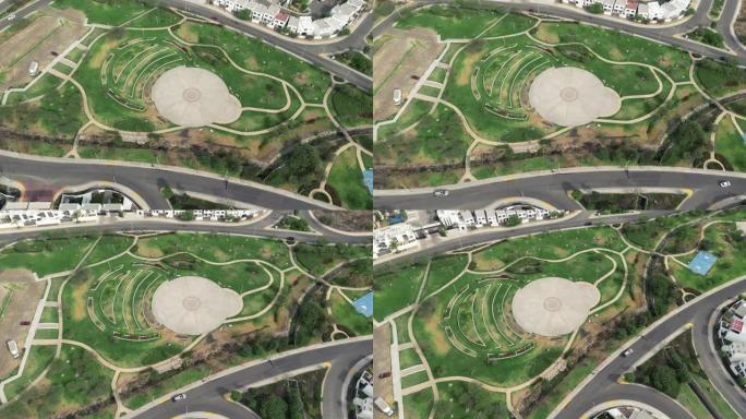 在室外绿色花园中的公园空地的无人机视图，城市视图