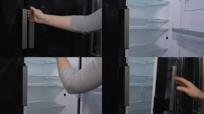 女性展示空空的冰箱货架，表示失望，危机
