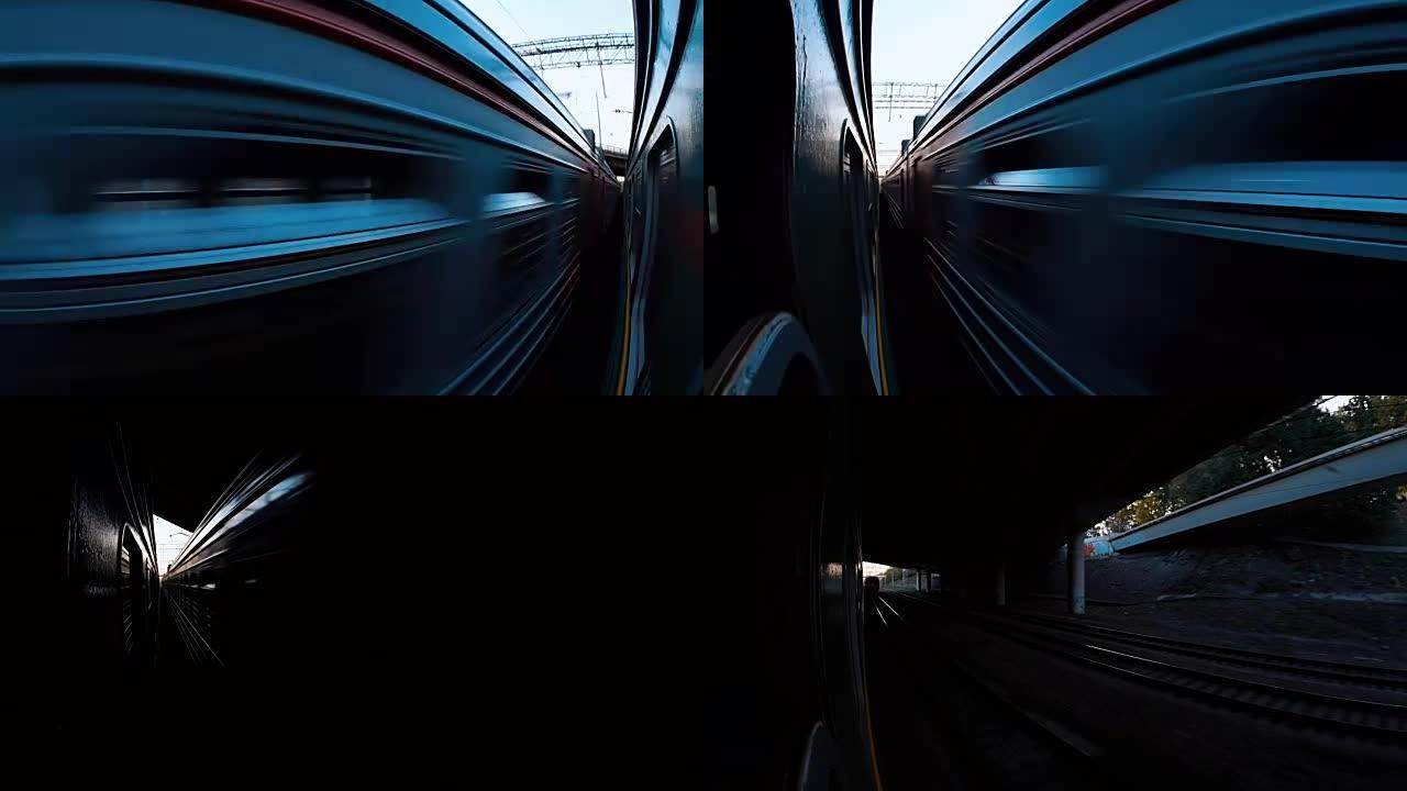 从火车货车的窗户上，摄像机拍摄了对面经过的火车
