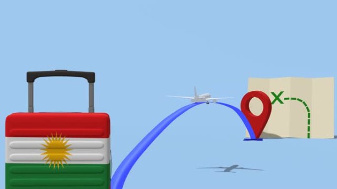 动画航空公司与位置标记和手提箱。去伊拉克库尔德斯坦旅行