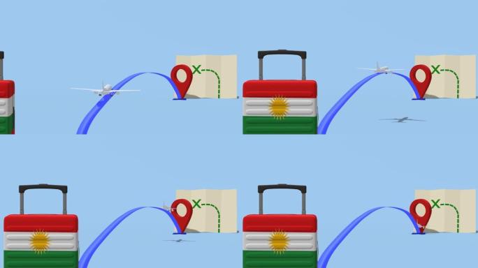 动画航空公司与位置标记和手提箱。去伊拉克库尔德斯坦旅行