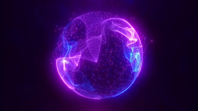 抽象紫色循环能量球的粒子和神奇的波在黑暗的背景上发光，视频4k