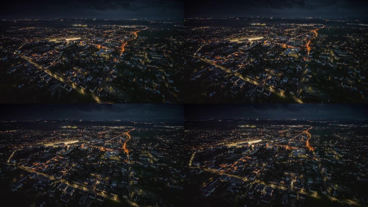 德国夜间城市景观的空中拍摄