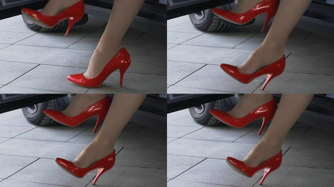 穿着豪华红鞋的女人坐在车里紧张地等待她的男人