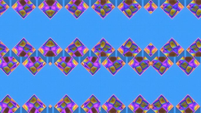 蓝色背景上长影的彩色水晶块的对称无缝循环动画。现代3d渲染模式4K