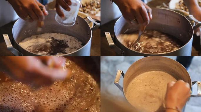 家庭主妇在锅中混合甜糖浆制作糖果，手工甜点