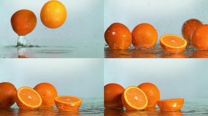 橙子击中橙汁表面并分成两半。慢动作镜头