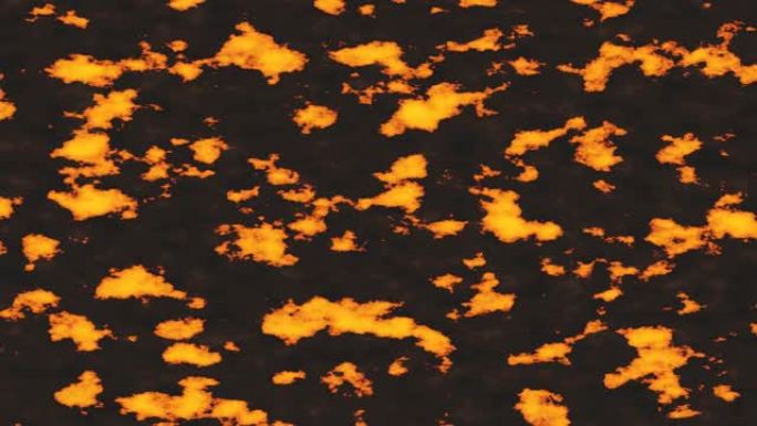 熔化的熔岩背景，岩石地面上有火燃烧。动画视频