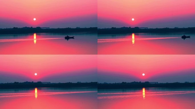夕阳-江面驶过一艘船-水面荡起波纹-唯美