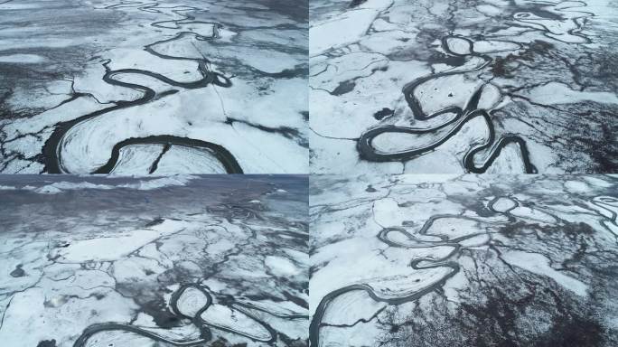 草原河流雪景航拍