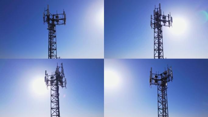 用于信号广播的电信塔，用于gsm，3g，4g和5g蜂窝网络以及移动数据的天线。黄金时间晚上周围有阳光