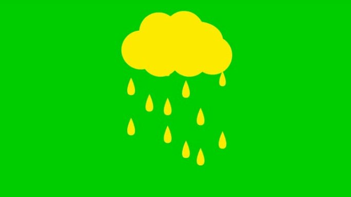 云中的动画黄色雨滴。循环视频。下雨了。矢量插图孤立在绿色背景上。