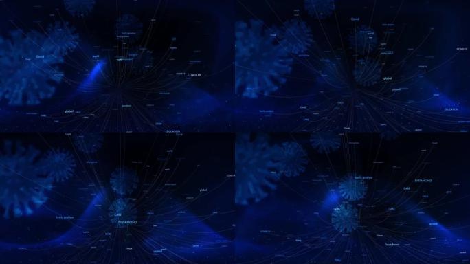 深蓝色体积灯动画背景上的3D字云冠状病毒
