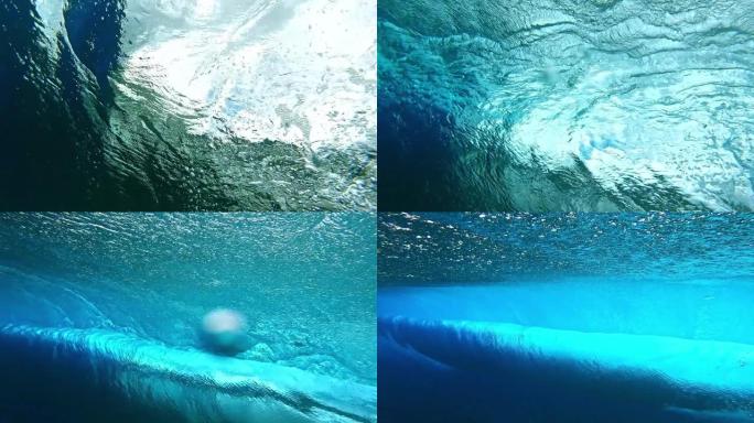 水下塔希提岛4k。美丽的海浪，强大的海浪在慢动作中破碎。南太平洋，Teahupoo。探险动作水上运动