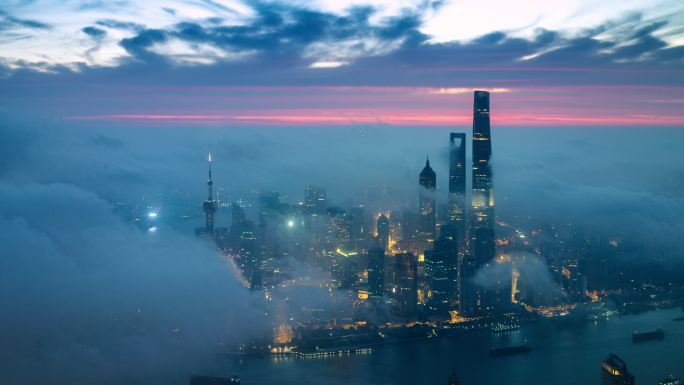 上海航拍夜景日出航拍中国上海平流雾