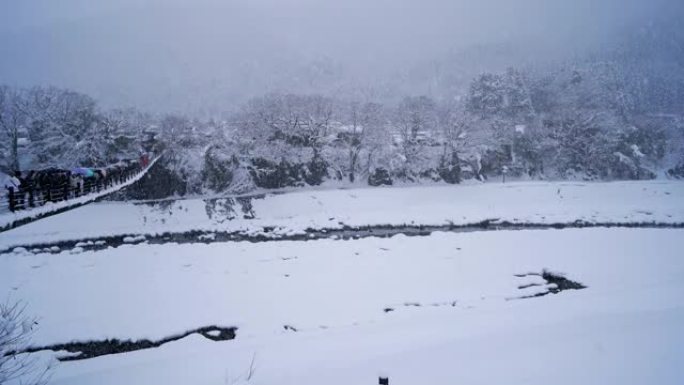 日本冬季白雪茂密的白川村