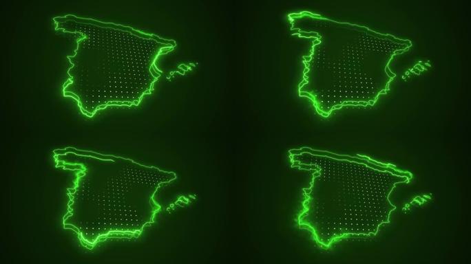 霓虹灯绿色西班牙地图边界轮廓循环背景
