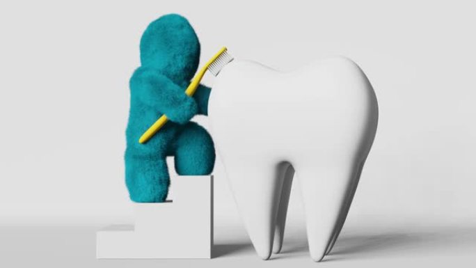 可爱绿松石毛雪人刷牙白色健康牙齿3D动画。创意牙齿清洁广告横幅珐琅美白牙垢斑块去除敏感性龋齿细菌牙刷