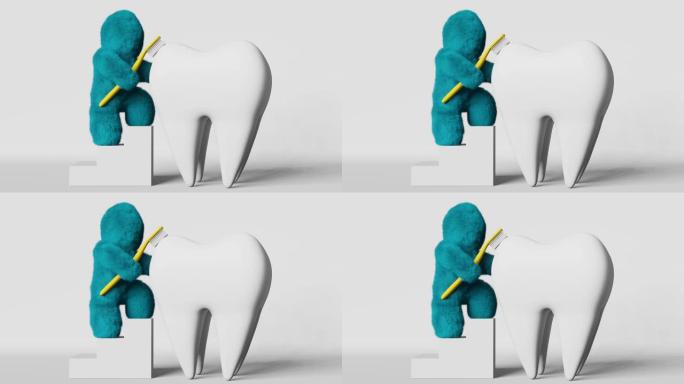 可爱绿松石毛雪人刷牙白色健康牙齿3D动画。创意牙齿清洁广告横幅珐琅美白牙垢斑块去除敏感性龋齿细菌牙刷
