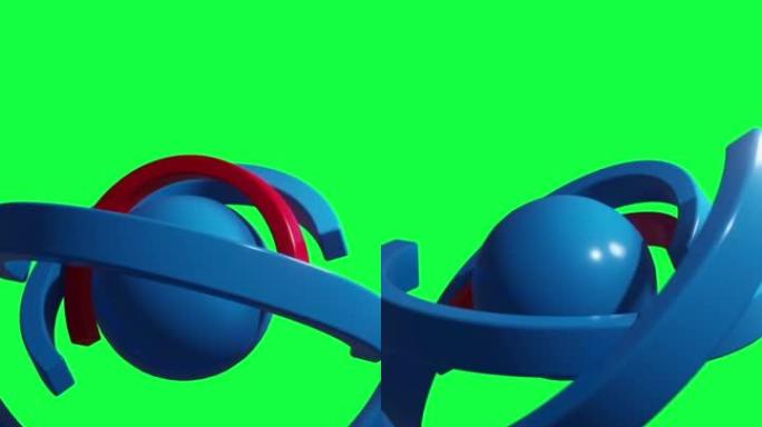 垂直视频动画-抽象球体和围绕它的旋转环。摘要绿屏上的一种复杂旋转机构