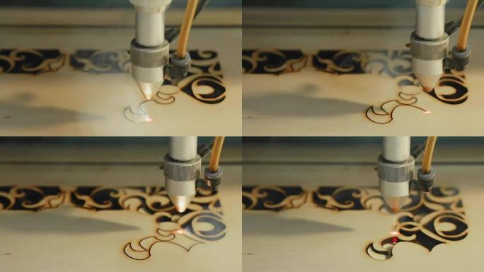 激光切割木材的机器关闭切割刨花板，冒烟。红色光束