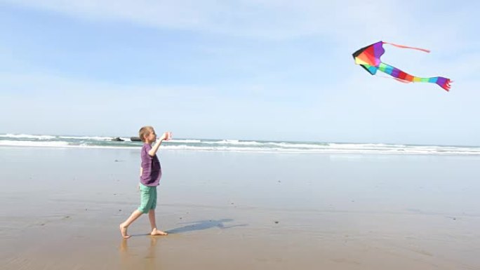 小男孩在海滩放风筝