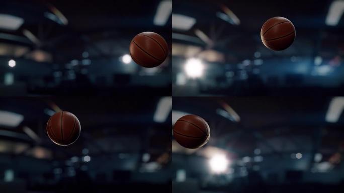 篮球镜头和相机闪烁，背景模糊竞技场。