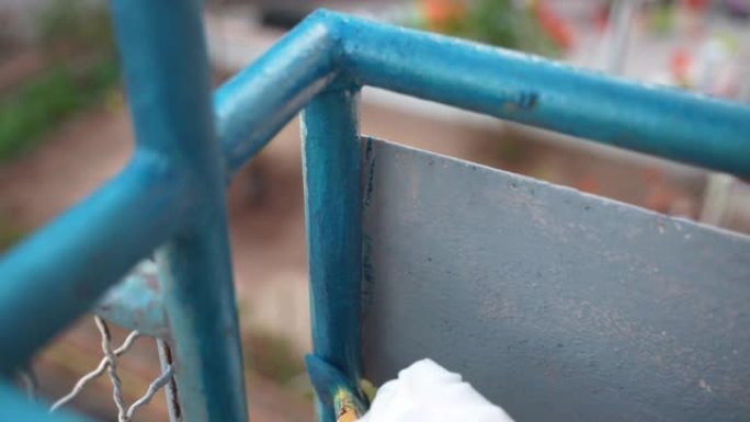 工人使用柔软的画笔为阳台铁框涂漆蓝色，修理工用现代高效化学溶液重建旧金属表面，用风化腐蚀更新钢表面