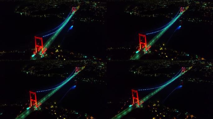 伊斯坦布尔空荡荡的街道博斯普鲁斯大桥夜间航拍4k无人机镜头