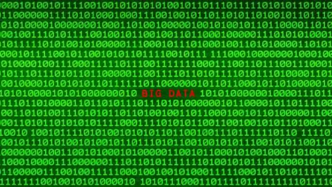 随机二进制数据矩阵背景之间的绿色二进制代码墙上的大数据字揭示