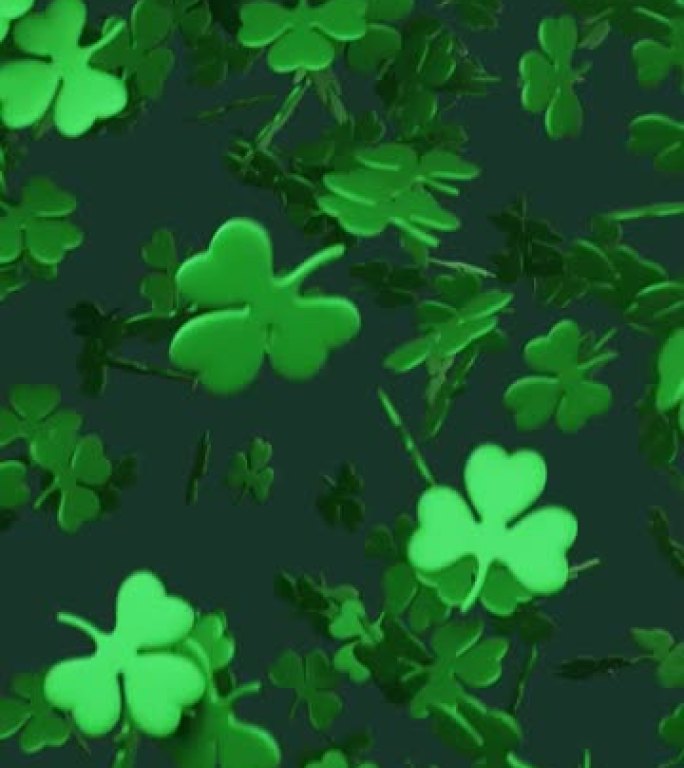 圣帕特里克节落下的绿色三叶草叶子的3d渲染动画