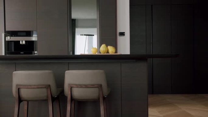 真正的公寓简约厨房房间。带现代椅子的现代餐桌