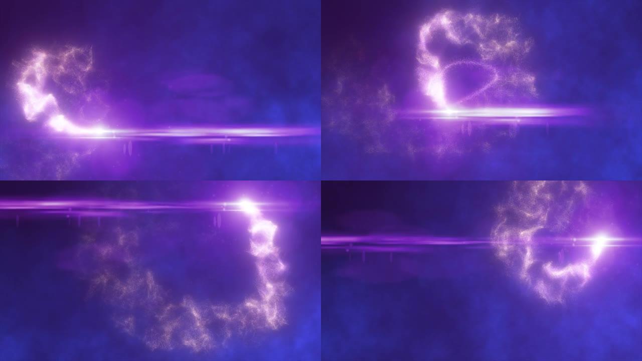 抽象紫色发光能量魔法粒子彗星沿路径线飞行未来高科技背景。视频4k，运动设计