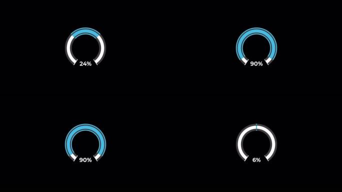 饼图0到90% 百分比信息图表加载圆环或传输，用alpha通道下载动画。