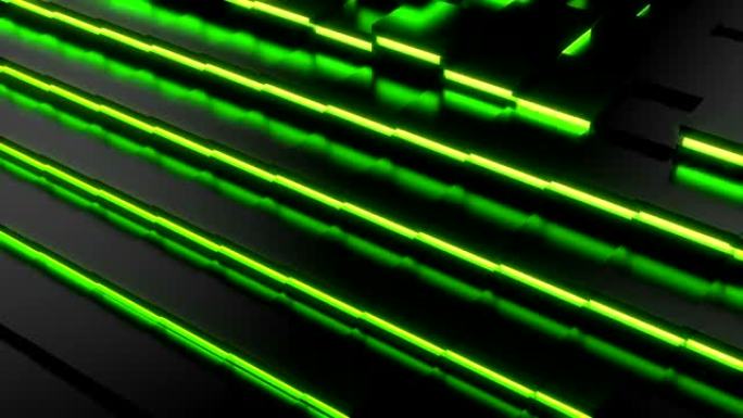 黑色表面变成霓虹绿色照明楼梯，抽象背景