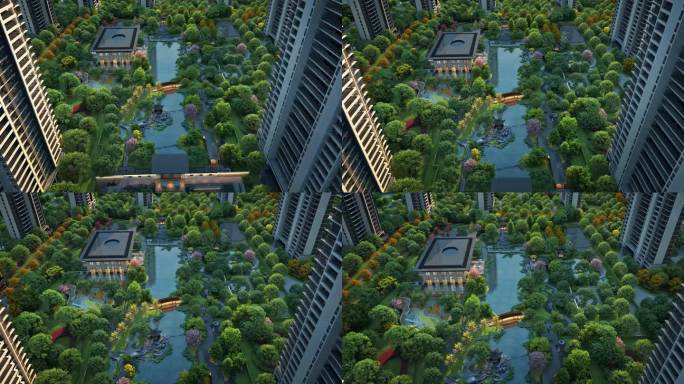 航拍新中式园林景观三维画面