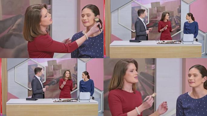蒙太奇: 女性化妆师在电视节目中展示化妆刷的用法