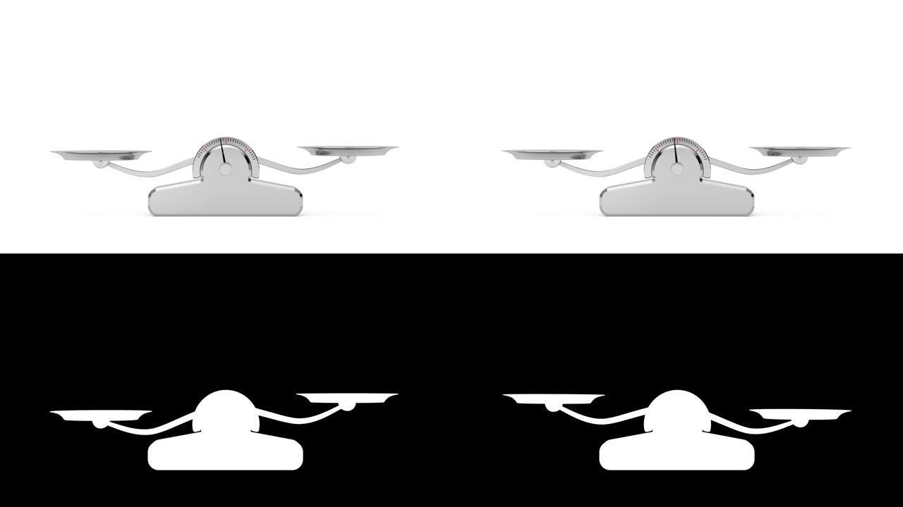 4k分辨率视频: 白色背景上的简单加权天平平衡，带阿尔法哑光