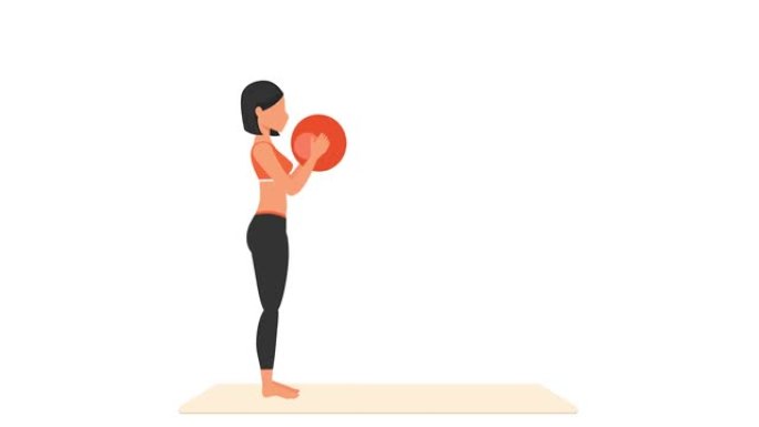 药球大满贯运动教程。女性在垫子上锻炼。