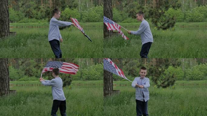 小男孩举着美国国旗旋转