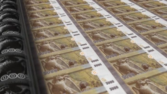 安哥拉，叙利亚英镑印刷机打印出当前5000英镑钞票，无缝循环，叙利亚货币背景，4K，聚焦深度Smoo
